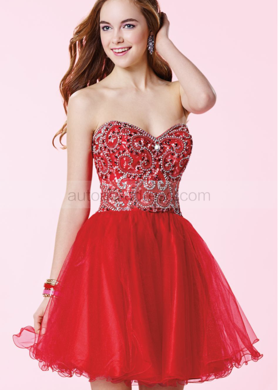 Red Tulle Beaded Sweetheart Neckline Knee Length Prom Dress